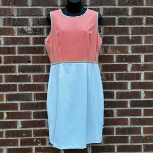 Calvin Klein Women's Sz 12 Sleeveless Colorblock Peach and white Sheath Dress